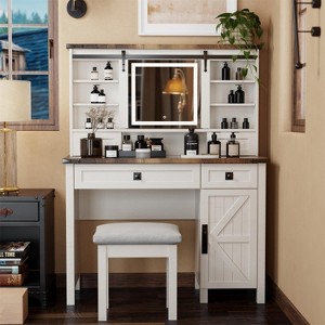 Farmhouse Makeup Vanity Tables with Sliding Lighted HD mirror, Vanity Desk with Glass Tabletop for Bedroom, Stool Included - 1 of 4