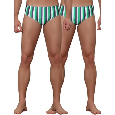 Lars Amadeus Men's Elastic Waist Contrast Color Stripe Printed Swim Briefs 2 Pcs