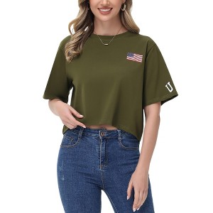 Anna-Kaci Women's Cropped Flag Graphic Tee with Short Sleeves and Crew Neckline - 1 of 4