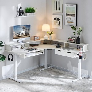 60" L-Shaped Corner Gaming Desk with 2 Drawers, Electric Standing Desk with Power Outlets & LED Lighting - 1 of 4