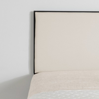 Queen Black Metal Frame Bed with Beige Upholstered Headboard