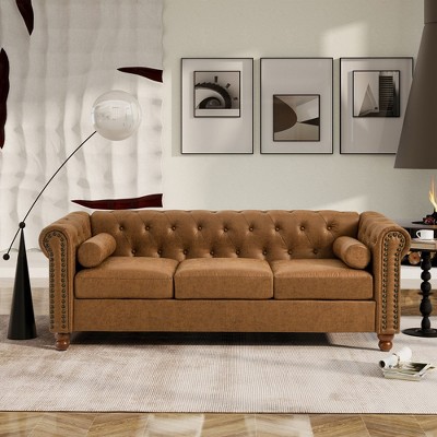 Sofa Couch, Upholstered Couch With Solid Wood Legs And Frame, Square Arms, High Resilience Sponge, S-spring, 3 Seater Sofa