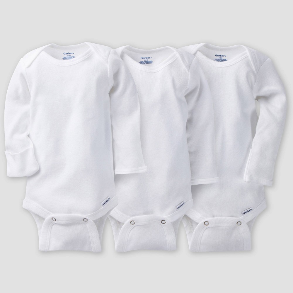 Gerber Baby 3pk Long Sleeve Onesies Bodysuit - White 18M: Cotton Crew Neck Snap Closure