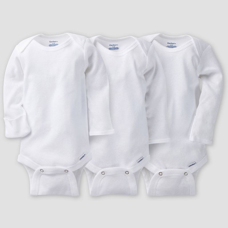 Gerber Baby 3pk Long Sleeve Onesies Bodysuit - White Newborn: Cotton Knit, Crotch Snap, Crew Neck