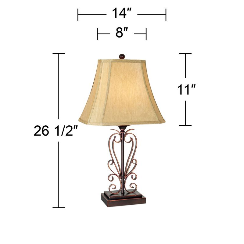 Franklin Iron Works Traditional Table Lamps 26.5" High Set of 2 Iron Bronze Scroll Faux Silk Rectangle Shade for Living Room Family Bedroom, 4 of 10