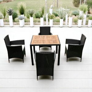 Mshliw 5-Piece Outdoor Patio Wicker Dining Set, Black Wicker with Acacia Wood Top and Creme Cushions for Garden, Courtyard, or Balcony - 1 of 4