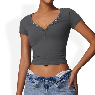 Anna-Kaci Women's Short Sleeve V-Neck Top with Grommet Details and Slim Fit