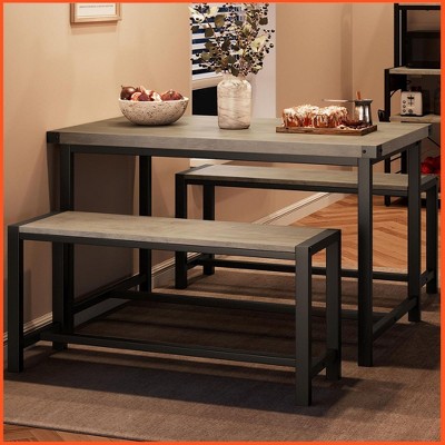 3 Piece Dining Table Set for 4 with Space-Saving Benches, Tabletop, Steel Frame, Modern Farmhouse Kitchen Table