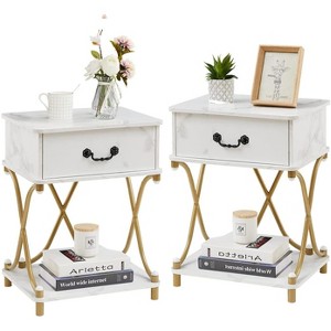 VECELO 1-Drawer Nightstands Set of 1/2 End Side Tables Modern X Design Metal Bedside Tables with Open Shelf Brown - 1 of 4