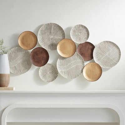 Gold Bronze White-Washed Geometric Metal Disk Wall Sculpture