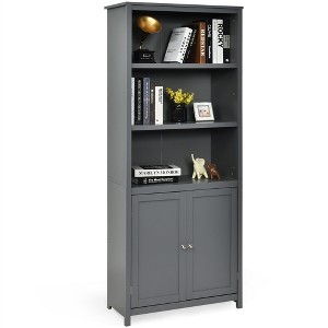 Costway Bookcase Shelving Storage Wooden Cabinet Unit Standing Bookcase W/Doors Gray/White - 1 of 4