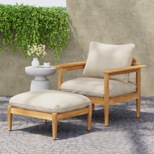 Acacia Wood Outdoor Lounge Chair with Beige Cushions, Wide Backrest and Armrests for Patio or Garden Relaxation-Cuddlewood - 1 of 4