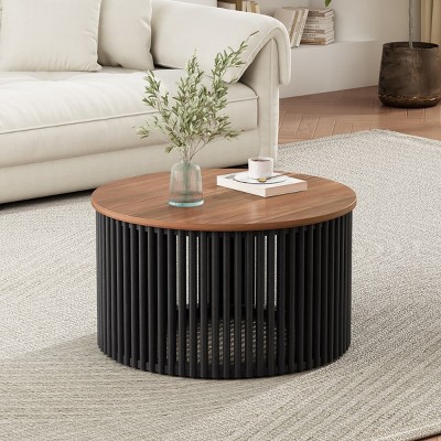 30 Inch Round Acacia Wood Coffee Table with Slatted Base, Natural and Black Modern Living Room Center Table with MDF Top-Maison Boucle