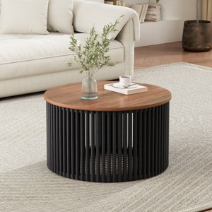 30 Inch Round Acacia Wood Coffee Table with Slatted Base, Natural and Black Modern Living Room Center Table with MDF Top-Maison Boucle - 1 of 4