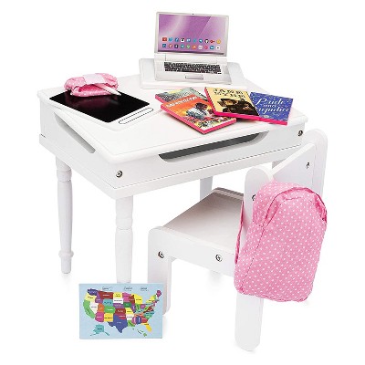 Playtime by Eimmie Real Wooden Classroom Dollhouse Furniture with Desk, Chair, and 10 Accessories for 18 Inch Dolls, Ages 3 Years and Up