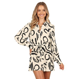 Women's Collar V Neck Button Down Long Sleeve Mini Shirt Dress with Belt - 1 of 3
