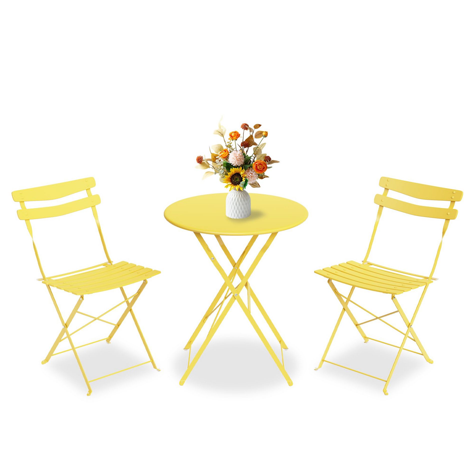 3 Piece Folding Patio Bistro Set, Outdoor/Indoor Bistro Table and Chairs Set with Metal Frame, Portable Round Table with 2 Chairs for Garden, Yellow