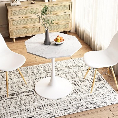 31.5" Modern Octagonal Coffee Table with Marble Print Top & Metal Base, Stylish Accent Table for Living Room, Dining Area & Kitchen
