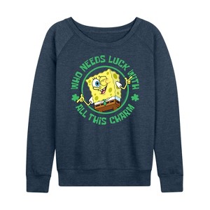 Women's - SpongeBob Squarepants - Who Needs Luck With This Charm Lightweight French Terry Wide Neck Long Sleeve Shirt - 1 of 4