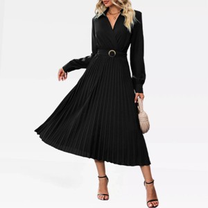 Womens Long Sleeve Dress Collared Surplice Belted Dress with Gather Cuffed Lantern Sleeve V Neck Elegant Formal Dress Pleated Maxi Dress - 1 of 4