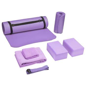 BalanceFrom Fitness 7 Piece Home Gym Yoga Set with 0.5 Inch Thick Yoga Mat, 2 Yoga Blocks, Mat Towel, Hand Towel, Stretch Strap, and Knee Pad, Purple