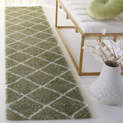 Sage and White Geometric Shag Runner Rug, 2' x 9'