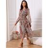 INSPIRE CHIC Women's V Neck Boho Floral Long Sleeve High Waist Smocked Cuff A-Line Flowy Midi Dress - 3 of 4