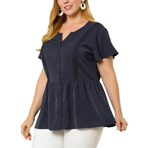 Agnes Orinda Women's Plus Size Work Short Sleeve Button Down Peplum Shirt  Navy Blue 3X