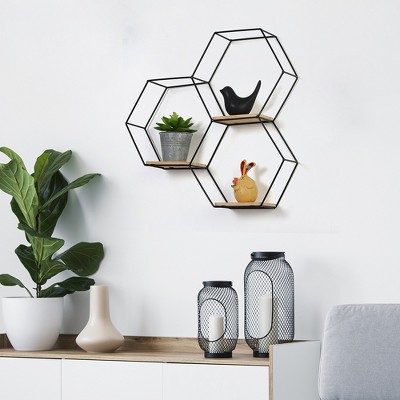 Oumilen Wall Mounted Black Metal Hexagon Floating Honeycomb Shelf