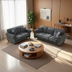 Modern 3+2 Chenille Sofa with Rolled Arms, Wood Legs & Nailhead Trim - 1 of 4