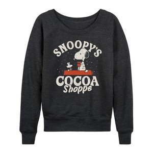Women's - Peanuts - Snoopys Cocoa Shoppe Lightweight French Terry Wide Neck Long Sleeve Graphic Shirt - 1 of 4