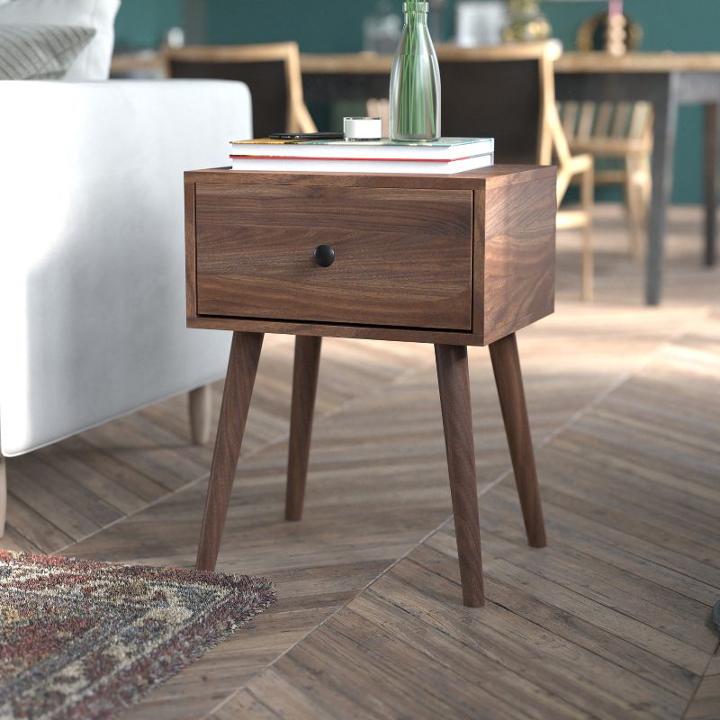 Flash Furniture Hatfield Mid-Century Modern One Drawer Wood Nightstand, Side Accent or End Table with Soft Close Storage Drawer, Dark Walnut, 2 of 11