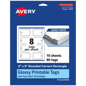 Avery Printable Rectangle Rounded Corner Tags with Sure Feed Technology, 2" x 3", Glossy White Cardstock, Print-to-the-Edge, Laser/Inkjet, 80 Total - 1 of 4