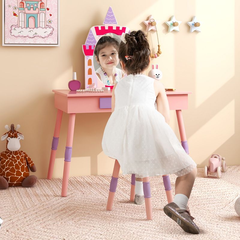 Costway Kids Vanity Set Princess Makeup Pretend Play Dressing Mirror Castle Girls Pink, 4 of 11