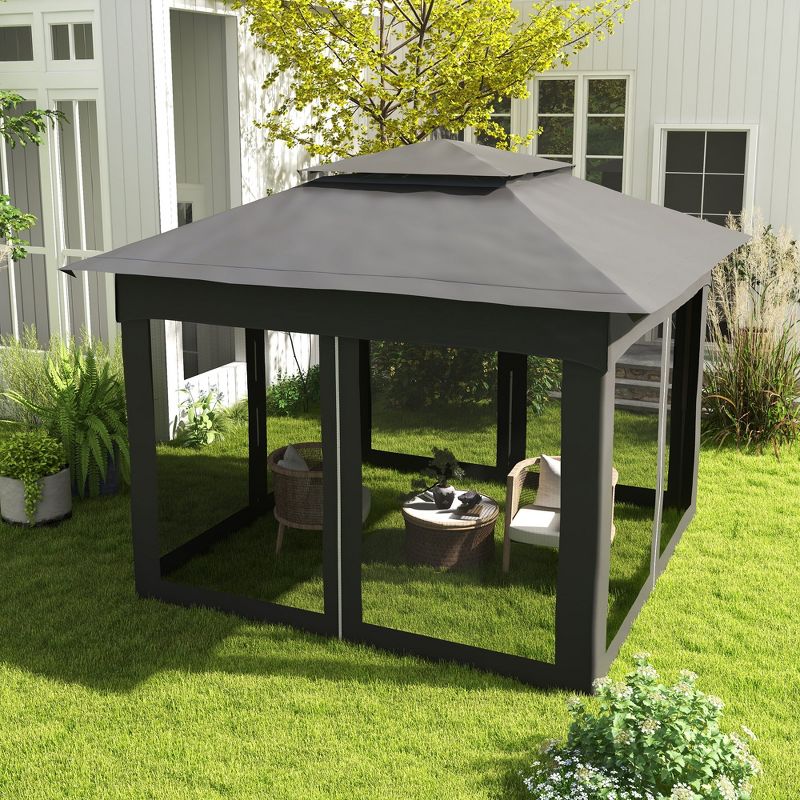 Outsunny 11' x 11' Pop Up Gazebo Outdoor Canopy Shelter with 2-Tier Soft Top, and Removable Zipper Netting, Event Tent with Large Shade, and Storage Bag for Patio, Backyard, Garden, 3 of 8