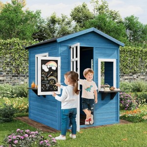 Wooden Playhouse for Kids Outdoor with Chalkboard,Wooden Kids Playhouse Cottage with Windows - 1 of 4