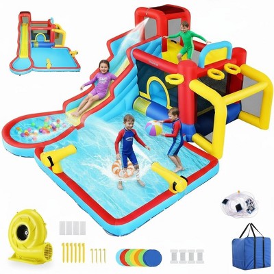 KRISRATE Inflatable Bounce House Water Slide 14.6FT x11.5FT with Pool, Jump Area, Water Slide, Climbing Wall,2 Water Toy Blasters & 620W Blower Indoor