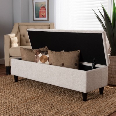 Beige Tufted Fabric Storage Bench with Dark Wood Legs