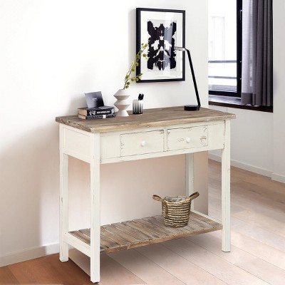 Vintage Distressed White and Natural Wood Console Table with Storage