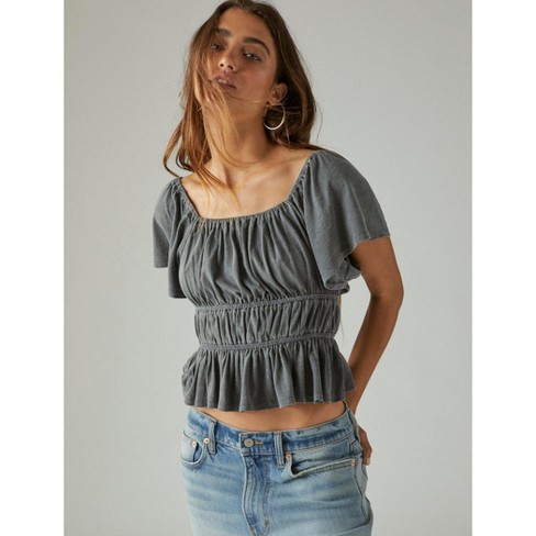 Lucky Brand Embroidered Square Neck Short Flutter Sleeve Top