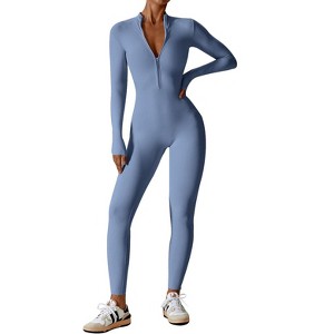 Ecupper Womens One Piece Workout Jumpsuits Zip Up Bodysuit Long Sleeve Yoga Rompers Full Length Sports Gym Shapewear Blue M - 1 of 4