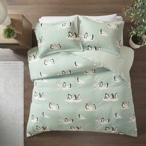 3pc King California King Cozy Flannel Duvet Set Aqua Penguin Target