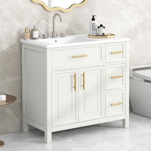 MAYEERTY 36" Bathroom Vanity with Sink Top 2 Doors 3 Drawers Solid Wood MDF White - 1 of 4