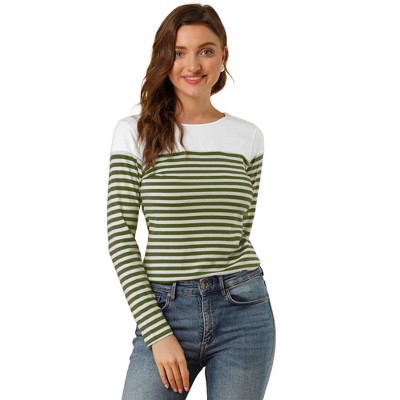 Allegra K Women's Color Block Long Sleeves Striped Basic T-shirt