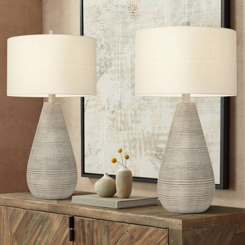 360 Lighting Rustic Country Cottage Table Lamps 30" Tall Set of 2 Natural Gray Teardrop Off White Oatmeal Drum Shade for Bedroom Living Room House, 2 of 10