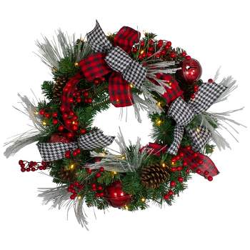 Northlight Pre-Lit Decorated Plaid and Houndstooth Artificial Christmas Wreath - 24-Inch, Warm White Lights