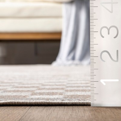 Beige and White Geometric Washable Round Area Rug