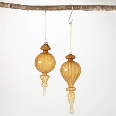 8.5"H and 9.5"H Sullivans Butterscotch Finial Ornaments - Set of 2  Brown Christmas Ornaments