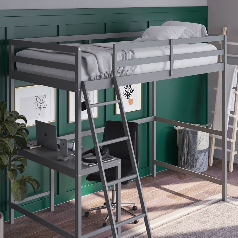 Emma and Oliver Twin Wood Loft Bed Frame with Protective Guardrails and Integrated Desk and Ladder for Use with Any 6-8" Thick Mattress, 5 of 12