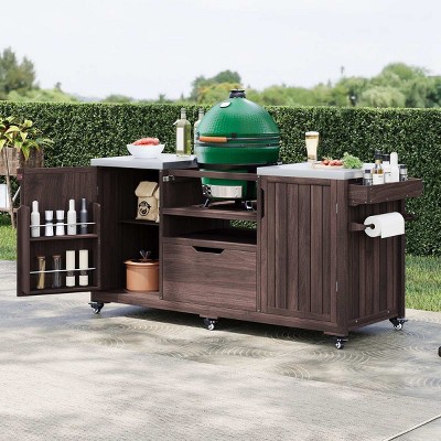 Coolbibila-66" Outdoor Kitchen Island For Big Green Egg Grills, Solid Wood Outdoor Grill Cart For Tabletop Grill With Stainless Steel Top